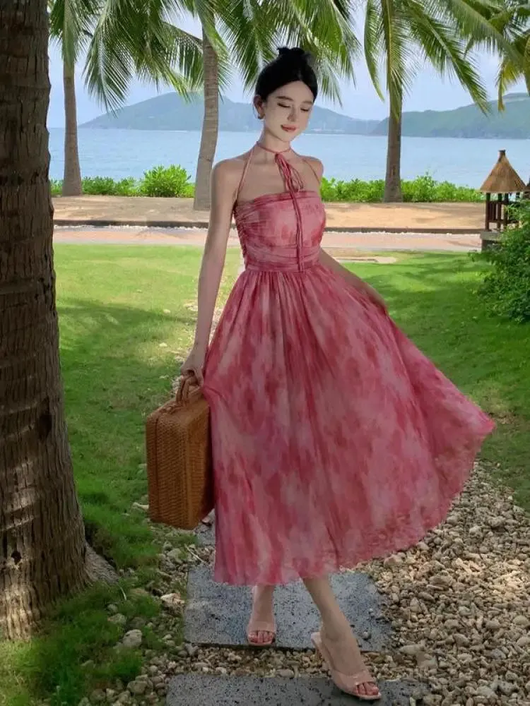 Aiertu French Pink Print Elegant Vacation Long Dresses 2024 Summer New Birthday Evening Party Women Clothes Fashion Sundress Ladies New