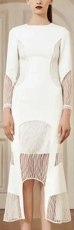 Asymmetrical Mesh-Paneled Midi Dress, White