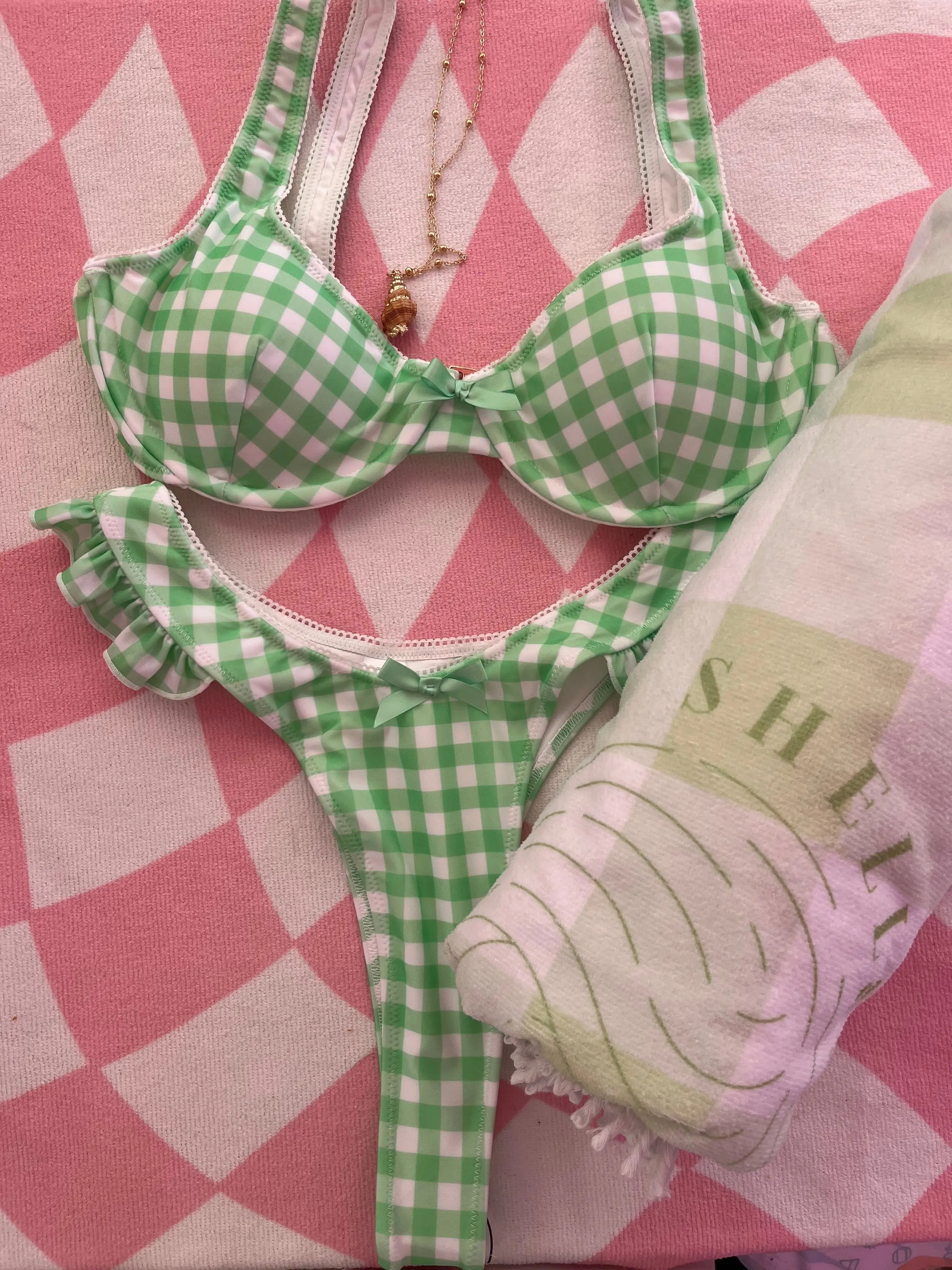 Green Gingham Swim Set   Towel