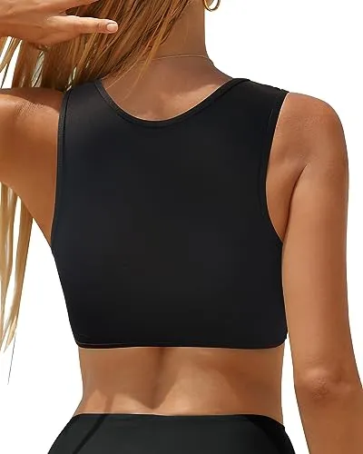 High Neck Swim Top Tie-Front Lace Crop Top