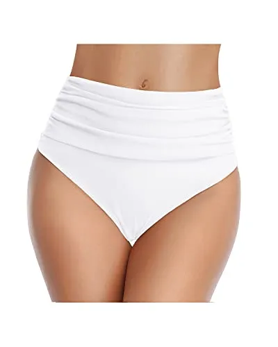 High Waisted Ruched Swim Shorts Women's Tummy Control Bikini Bottom-White