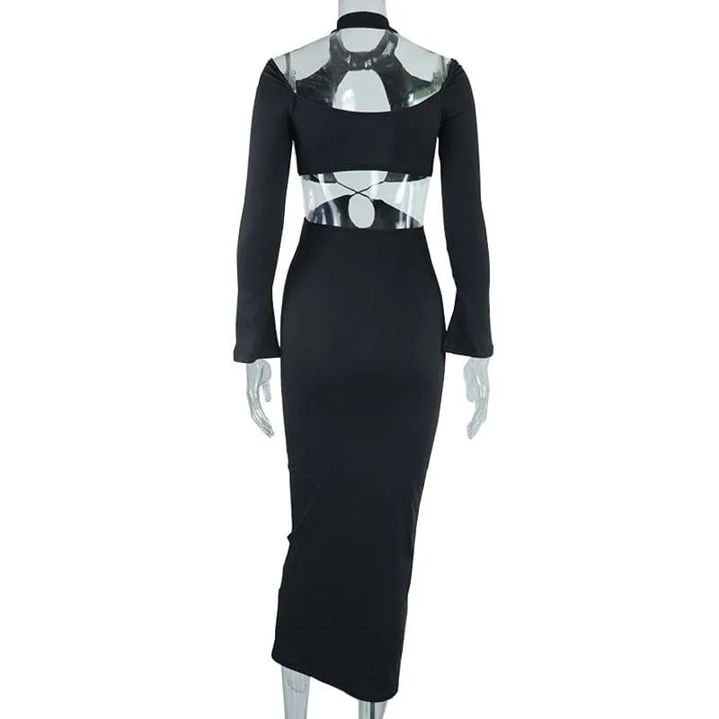 Hollow out cross front solid long sleeve halter midi dress  | black rave dress  | black rave dress