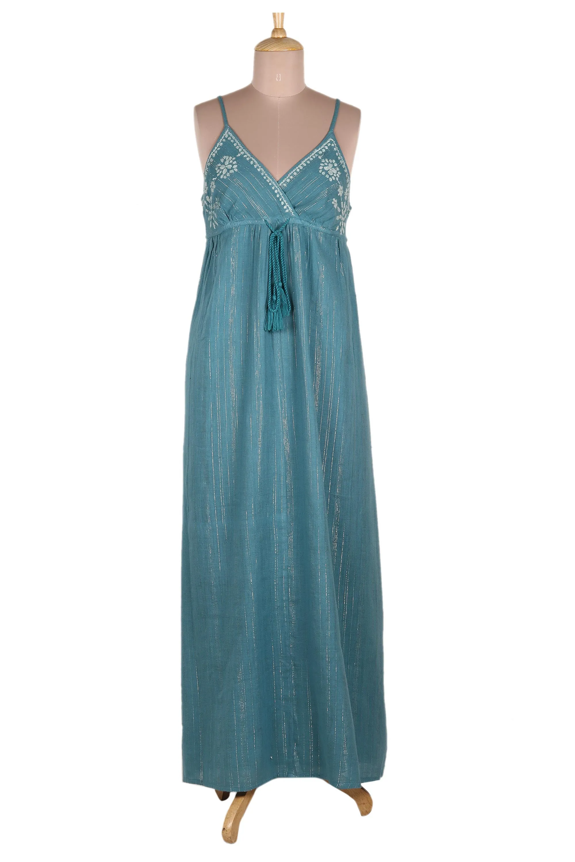 Seaside Flowers Embroidered Teal Cotton Sundress from India